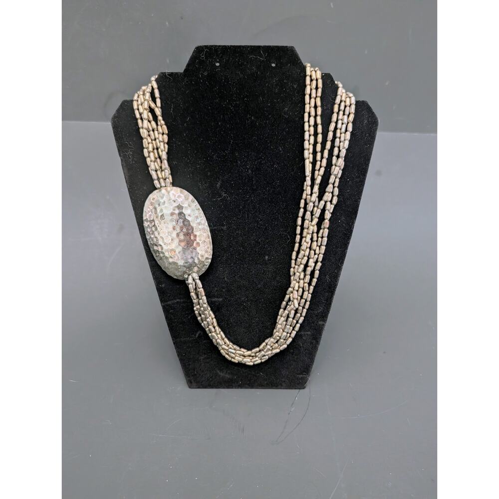 Multistrand Hammered Metal Silver Plated Asymmetrical Statement Necklace Vintage